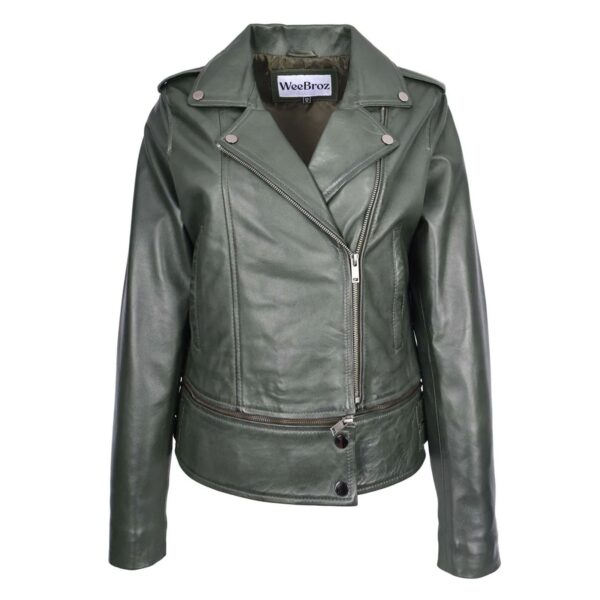 WeeBroz Women's Green Real Leather Biker Jacket 2-in-1 Cropped Style - Image 1