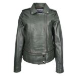 WeeBroz Women's Green Real Leather Biker Jacket 2-in-1 Cropped Style - Image 4