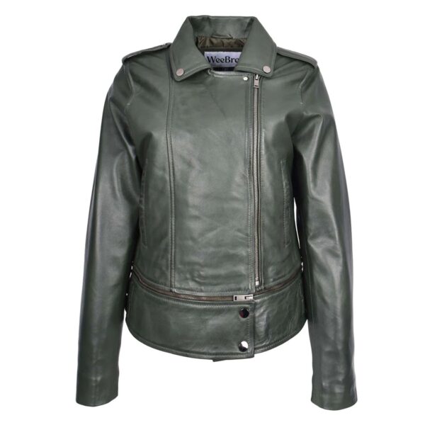 WeeBroz Women's Green Real Leather Biker Jacket 2-in-1 Cropped Style - Image 4