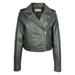 WeeBroz Women's Green Real Leather Biker Jacket 2-in-1 Cropped Style - Image 5
