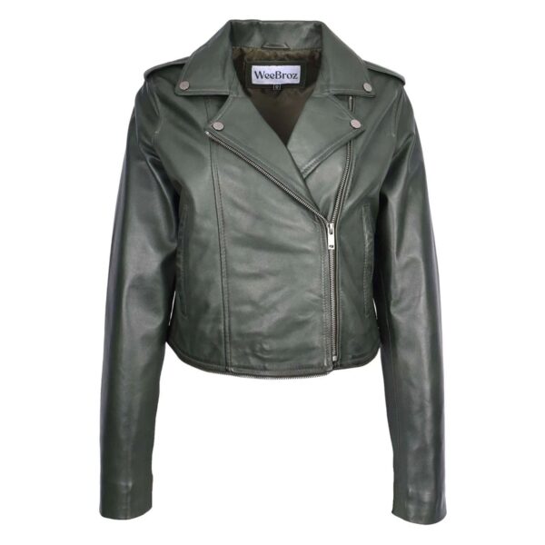 WeeBroz Women's Green Real Leather Biker Jacket 2-in-1 Cropped Style - Image 5