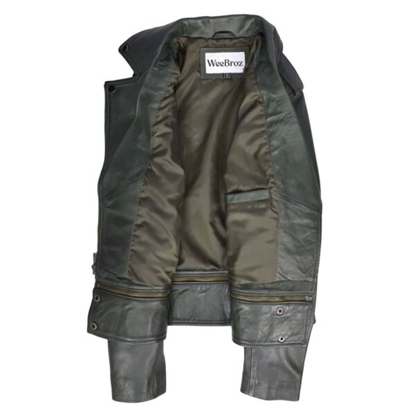 WeeBroz Women's Green Real Leather Biker Jacket 2-in-1 Cropped Style - Image 6