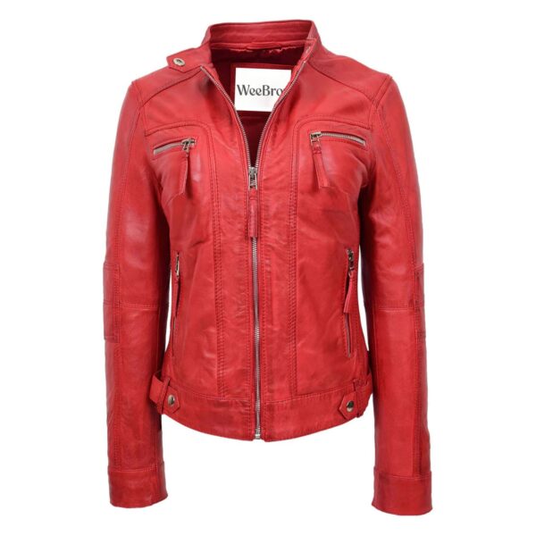 WeeBroz Women's Red Leather Biker Jacket Casual Biker Style - Image 1