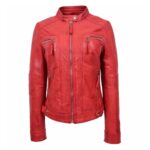 WeeBroz Women's Red Leather Biker Jacket Casual Biker Style - Image 3