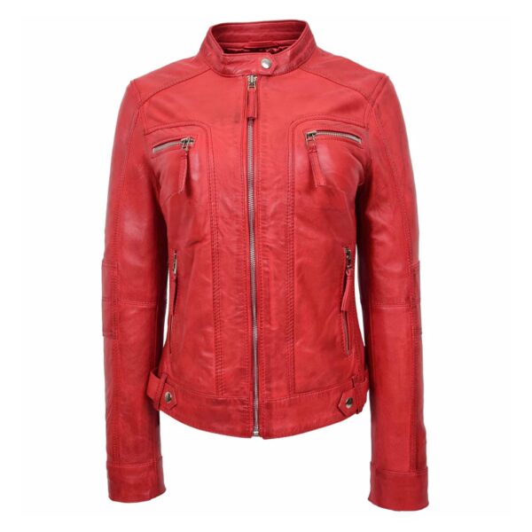 WeeBroz Women's Red Leather Biker Jacket Casual Biker Style - Image 3