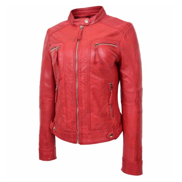 WeeBroz Women's Red Leather Biker Jacket Casual Biker Style - Image 4