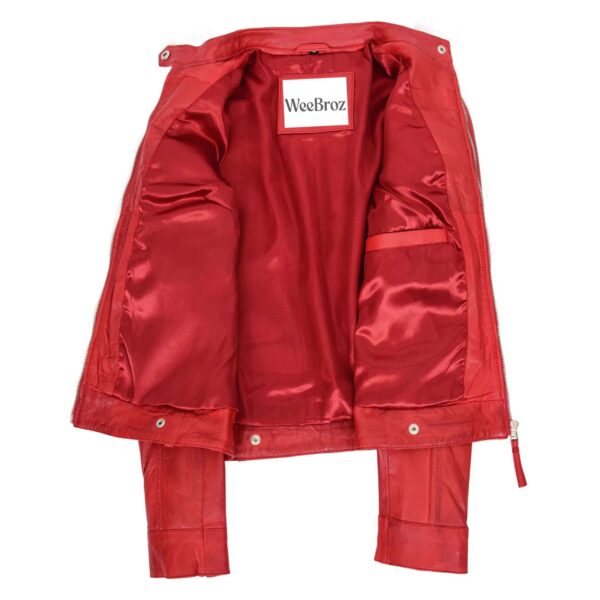 WeeBroz Women's Red Leather Biker Jacket Casual Biker Style - Image 6