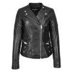 WeeBroz Women's Black Leather Biker Jacket Cross Zip Style