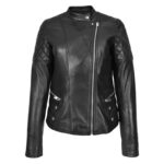WeeBroz Women's Black Leather Biker Jacket Cross Zip Style - Image 3