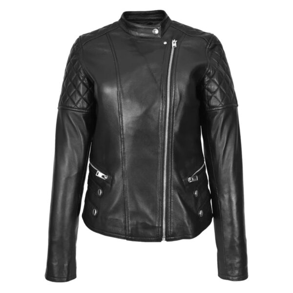 WeeBroz Women's Black Leather Biker Jacket Cross Zip Style - Image 3