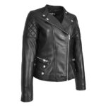 WeeBroz Women's Black Leather Biker Jacket Cross Zip Style - Image 4