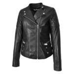 WeeBroz Women's Black Leather Biker Jacket Cross Zip Style - Image 5