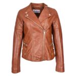 WeeBroz Women's Tan Leather Biker Jacket Cross Zip Style