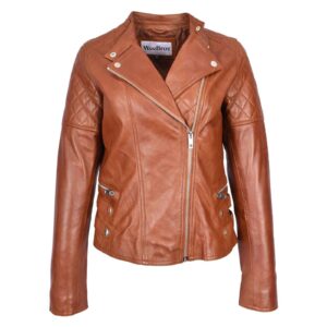WeeBroz Women's Tan Leather Biker Jacket Cross Zip Style