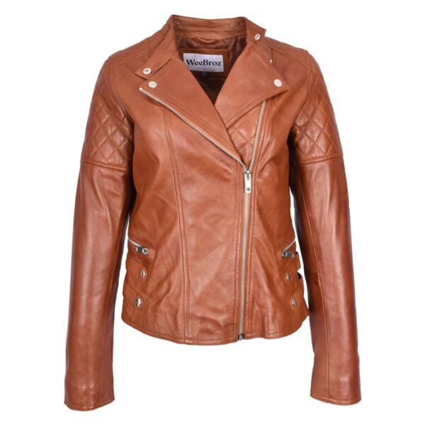 WeeBroz Women's Tan Leather Biker Jacket Cross Zip Style - Image 1