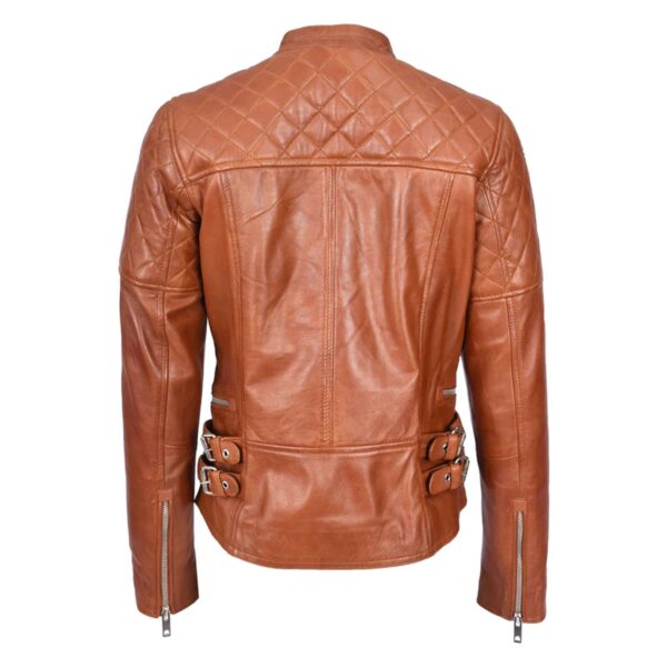WeeBroz Women's Tan Leather Biker Jacket Cross Zip Style - Image 2