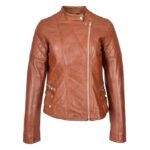 WeeBroz Women's Tan Leather Biker Jacket Cross Zip Style - Image 3