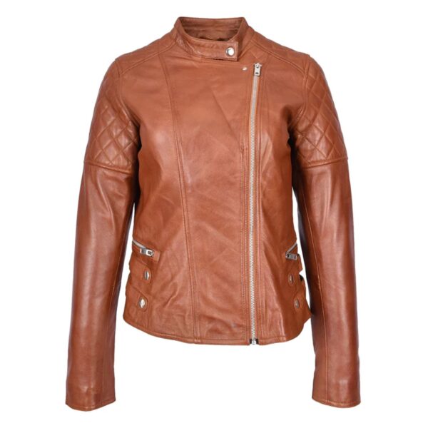 WeeBroz Women's Tan Leather Biker Jacket Cross Zip Style - Image 3