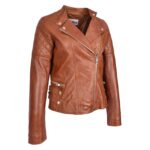 WeeBroz Women's Tan Leather Biker Jacket Cross Zip Style - Image 4