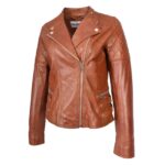 WeeBroz Women's Tan Leather Biker Jacket Cross Zip Style - Image 5