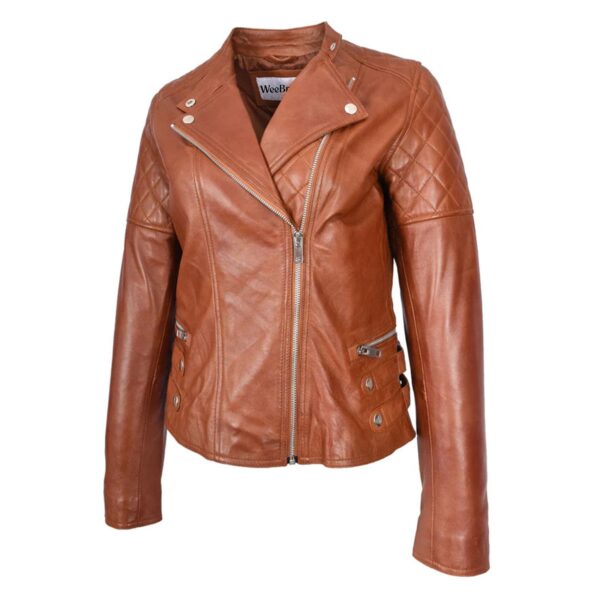 WeeBroz Women's Tan Leather Biker Jacket Cross Zip Style - Image 5