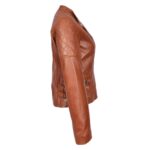 WeeBroz Women's Tan Leather Biker Jacket Cross Zip Style - Image 6