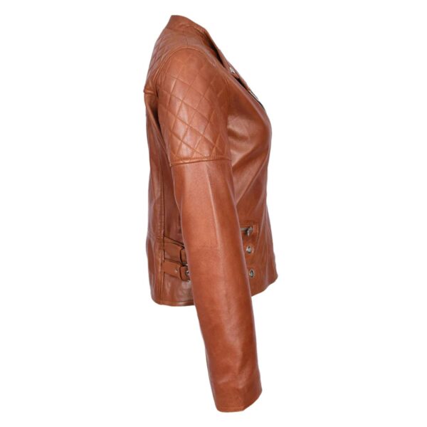 WeeBroz Women's Tan Leather Biker Jacket Cross Zip Style - Image 6
