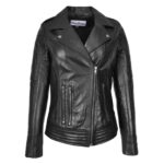 WeeBroz Women's Black Real Leather Biker Jacket Cross Zip Style