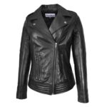 WeeBroz Women's Black Real Leather Biker Jacket Cross Zip Style - Image 5