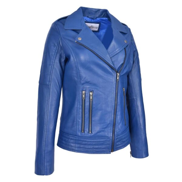 WeeBroz Women's Black Real Leather Biker Jacket Cross Zip Biker Style - Image 4