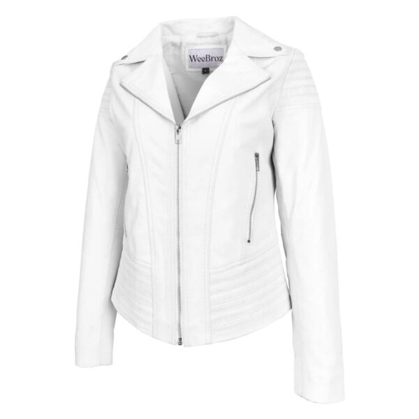 WeeBroz Women's White Real Leather Biker Jacket Trendy Fitted Style - Image 2