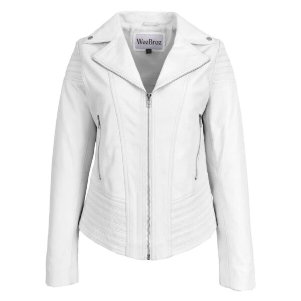 WeeBroz Women's White Real Leather Biker Jacket Trendy Fitted Style - Image 1