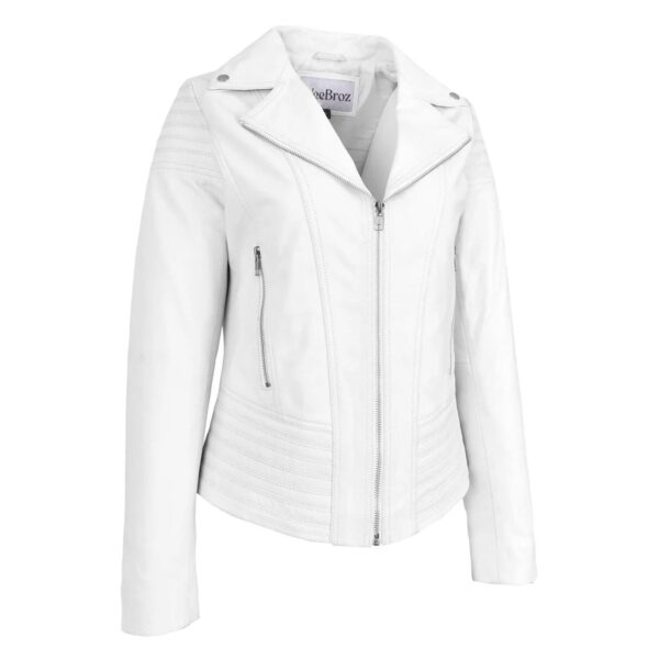 WeeBroz Women's White Real Leather Biker Jacket Trendy Fitted Style - Image 5