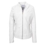 WeeBroz Women's White Real Leather Biker Jacket Zip Up Casual Style