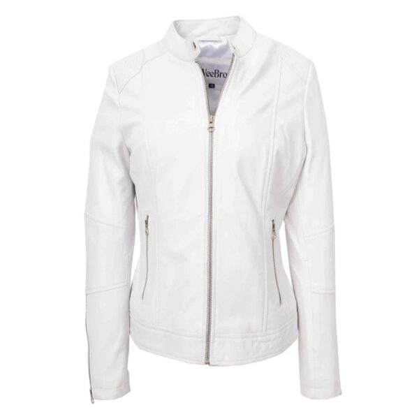 WeeBroz Women's White Real Leather Biker Jacket Zip Up Casual Style - Image 1