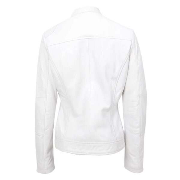WeeBroz Women's White Real Leather Biker Jacket Zip Up Casual Style - Image 2