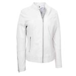 WeeBroz Women's White Real Leather Biker Jacket Zip Up Casual Style - Image 3