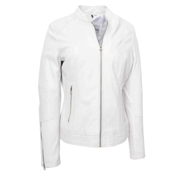 WeeBroz Women's White Real Leather Biker Jacket Zip Up Casual Style - Image 3