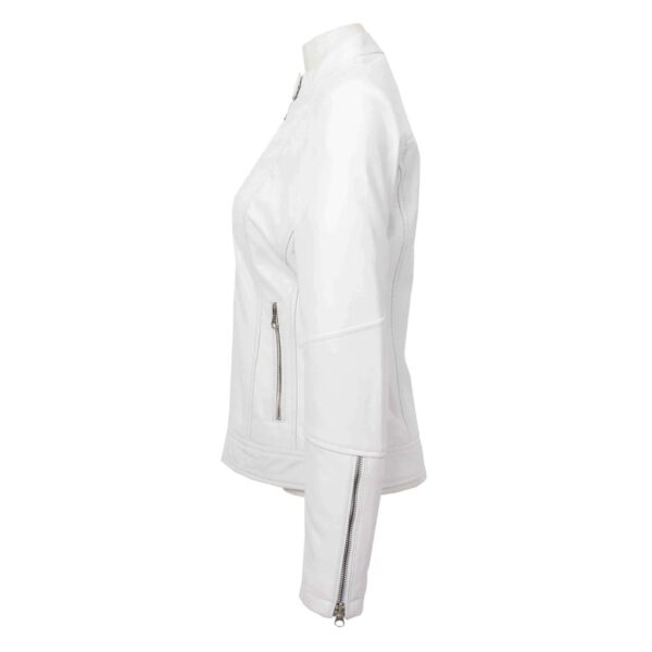WeeBroz Women's White Real Leather Biker Jacket Zip Up Casual Style - Image 4