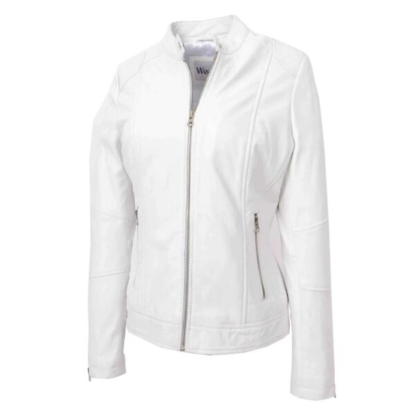 WeeBroz Women's White Real Leather Biker Jacket Zip Up Casual Style - Image 5