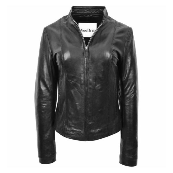 WeeBroz Women's Black Leather Biker Jacket Casual Standing Collar Style - Image 1