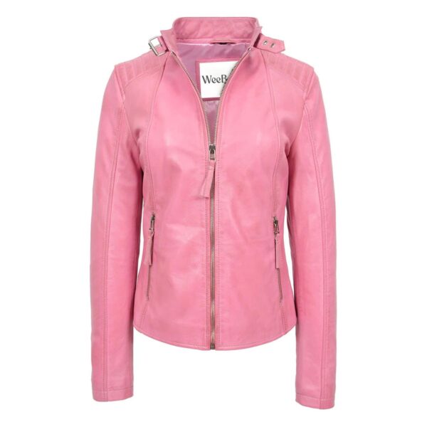WeeBroz Women's Pink Leather Biker Jacket Modern Zipper Style - Image 1