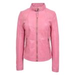 WeeBroz Women's Pink Leather Biker Jacket Modern Zipper Style - Image 3