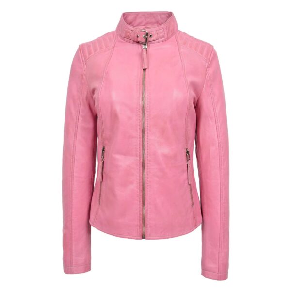 WeeBroz Women's Pink Leather Biker Jacket Modern Zipper Style - Image 3