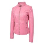 WeeBroz Women's Pink Leather Biker Jacket Modern Zipper Style - Image 4