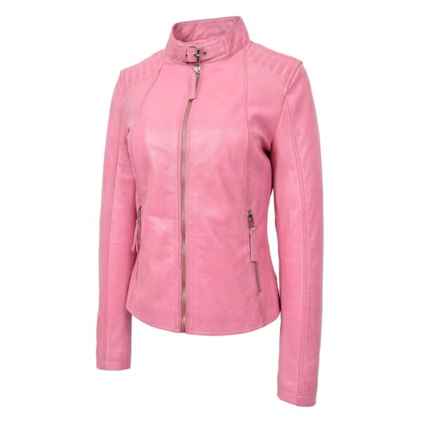 WeeBroz Women's Pink Leather Biker Jacket Modern Zipper Style - Image 4