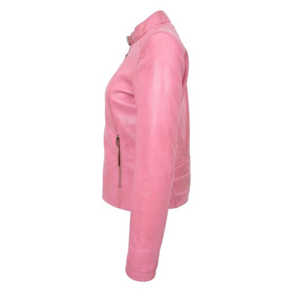 WeeBroz Women's Pink Leather Biker Jacket Modern Zipper Style - Image 5