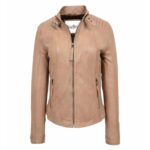 WeeBroz Women's Beige Leather Biker Jacket Zipper Casual Style
