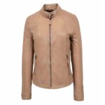 WeeBroz Women's Beige Leather Biker Jacket Zipper Casual Style - Image 3