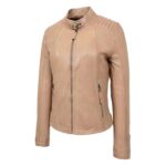 WeeBroz Women's Beige Leather Biker Jacket Zipper Casual Style - Image 4